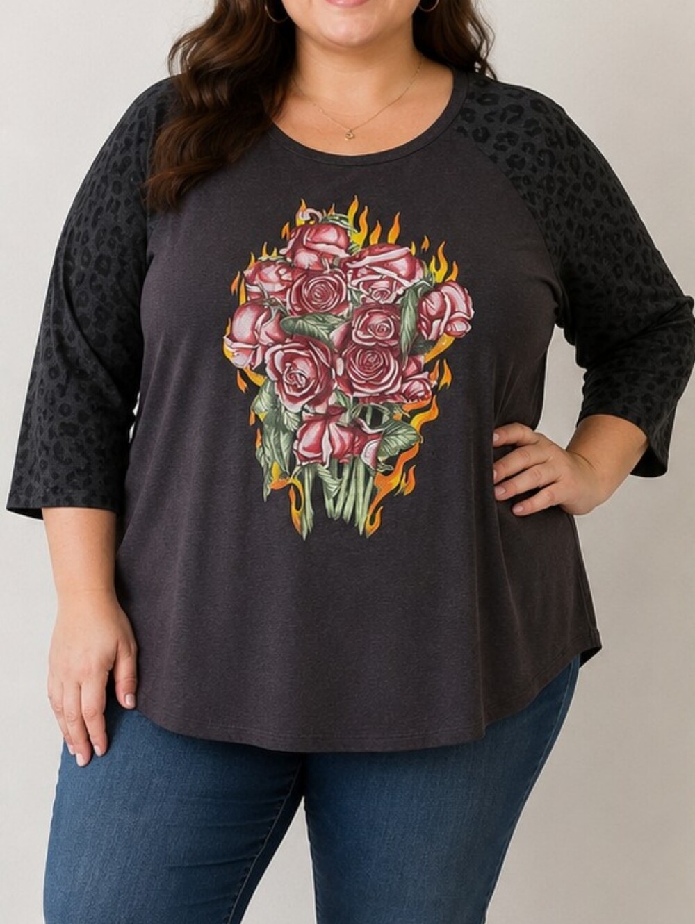 TORRID Black Raglan Sleeve Tee with Pink Rose & Flame Graphic